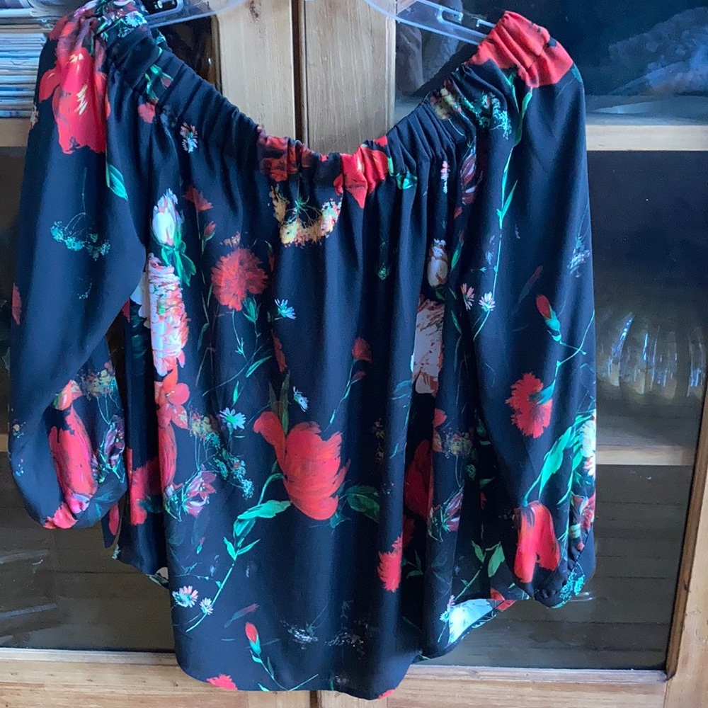 Black and floral 3/4 sleeve off the shoulder blouse
